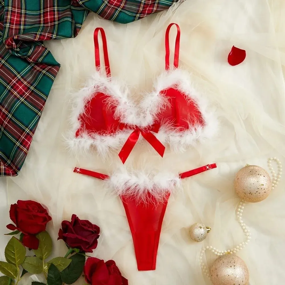 Sweet Furry Women's Underwear Wireless Bow Decor Lingerie Set Romantic Intimate Mesh Transparent Bra Panties Suit Anniversary
