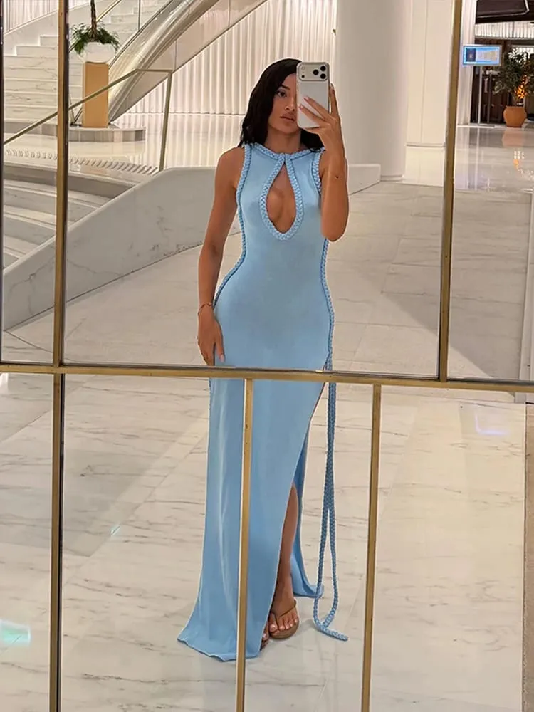 Halter Neck Knitted Women's Dress Braided Trim Cutout High Slit Solid Party Evening Maxi Dress For Women 2026 New Fashion