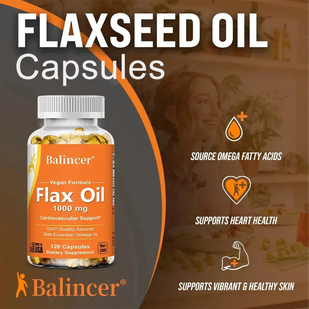 Flaxseed Oil 1000mg + Omega-3 Capsules Plant-Based Omega 3-6-9 Heart Brain Eye Joint Skin Immune & Cardiovascular Support