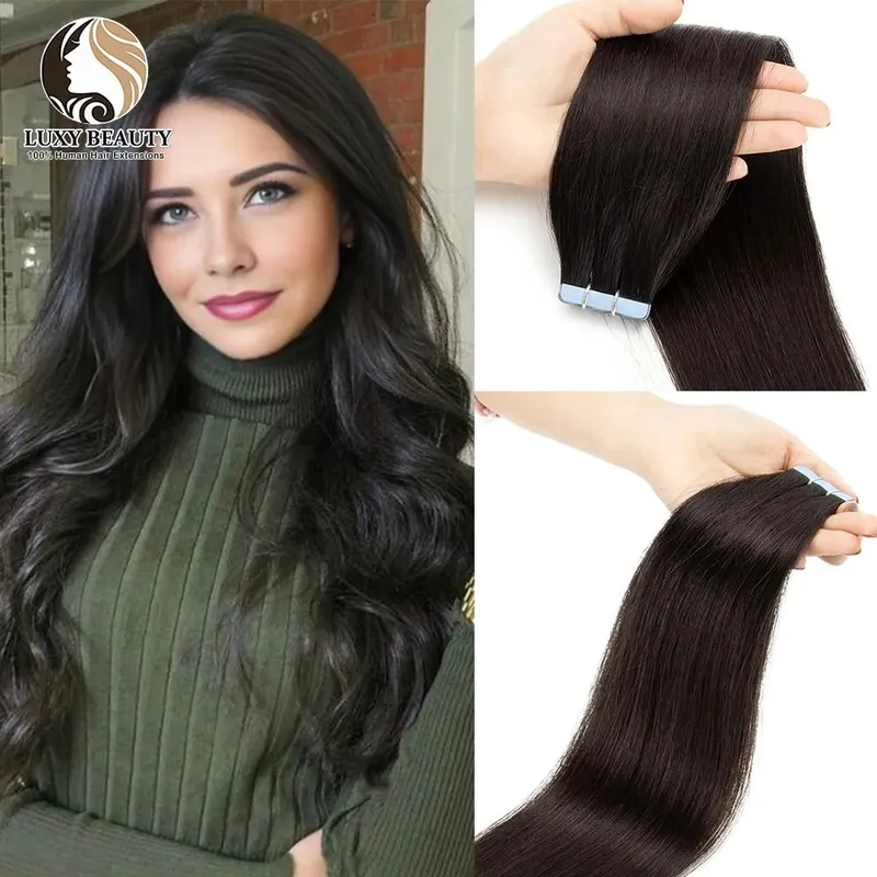 Fita balayage longa e reta em extensões de cabelo, cabelo humano real, sem costura, trama de pele, fita pu, cabelo natural, preto, marrom, loiro, 20 peças
