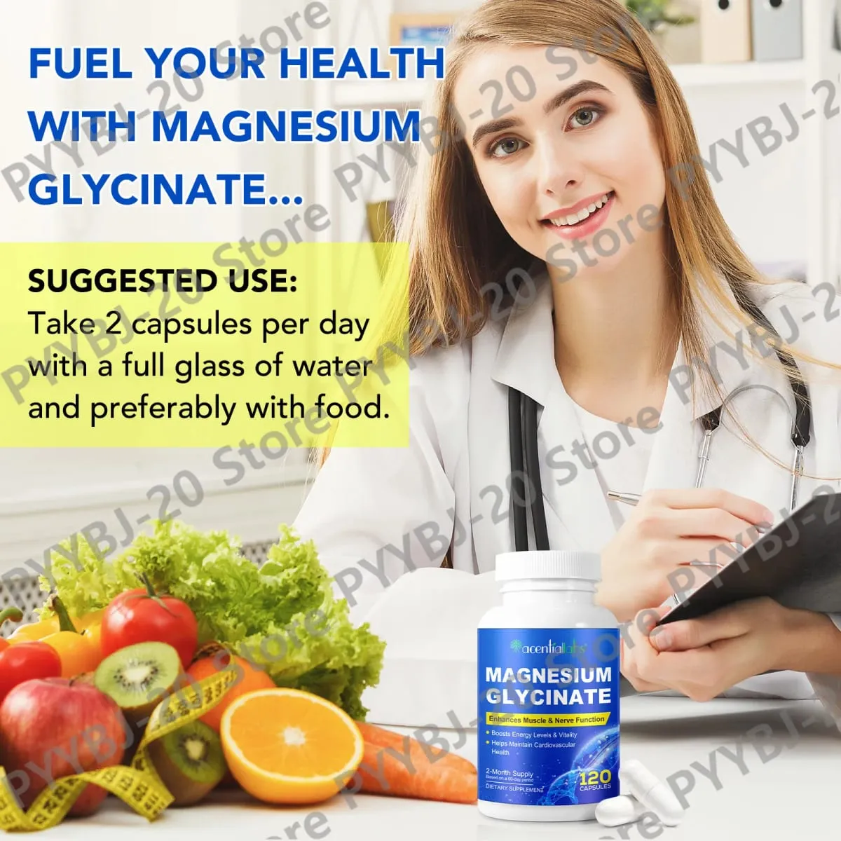 Acentiallabs Magnesium Glycinate 120 Kapsul - Vegetarian Organik Murni Mendukung Kesehatan Tulang Dukungan Tidur & Saraf Otot