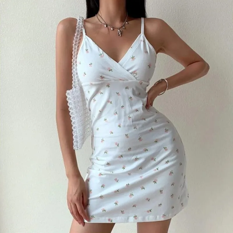 Αμάνικο Vintage Floral Spaghetti Κοντό Φόρεμα Γυναικείο Ρούχο με λαιμόκοψη V Καλοκαιρινή μόδα Μίνι γυναικεία φορέματα καμισόλ