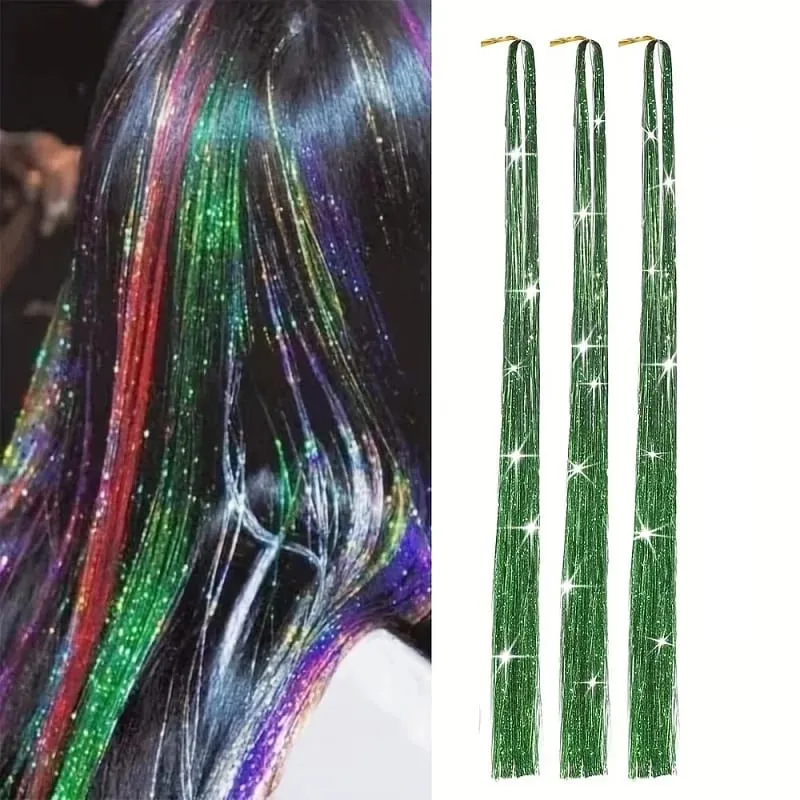 90cm Synthetic 3pcs/set Rainbow Colored Shiny Hair Laser Tinsel Long Straight Heat-Resistant Fairy Hair Extensions Party Daily