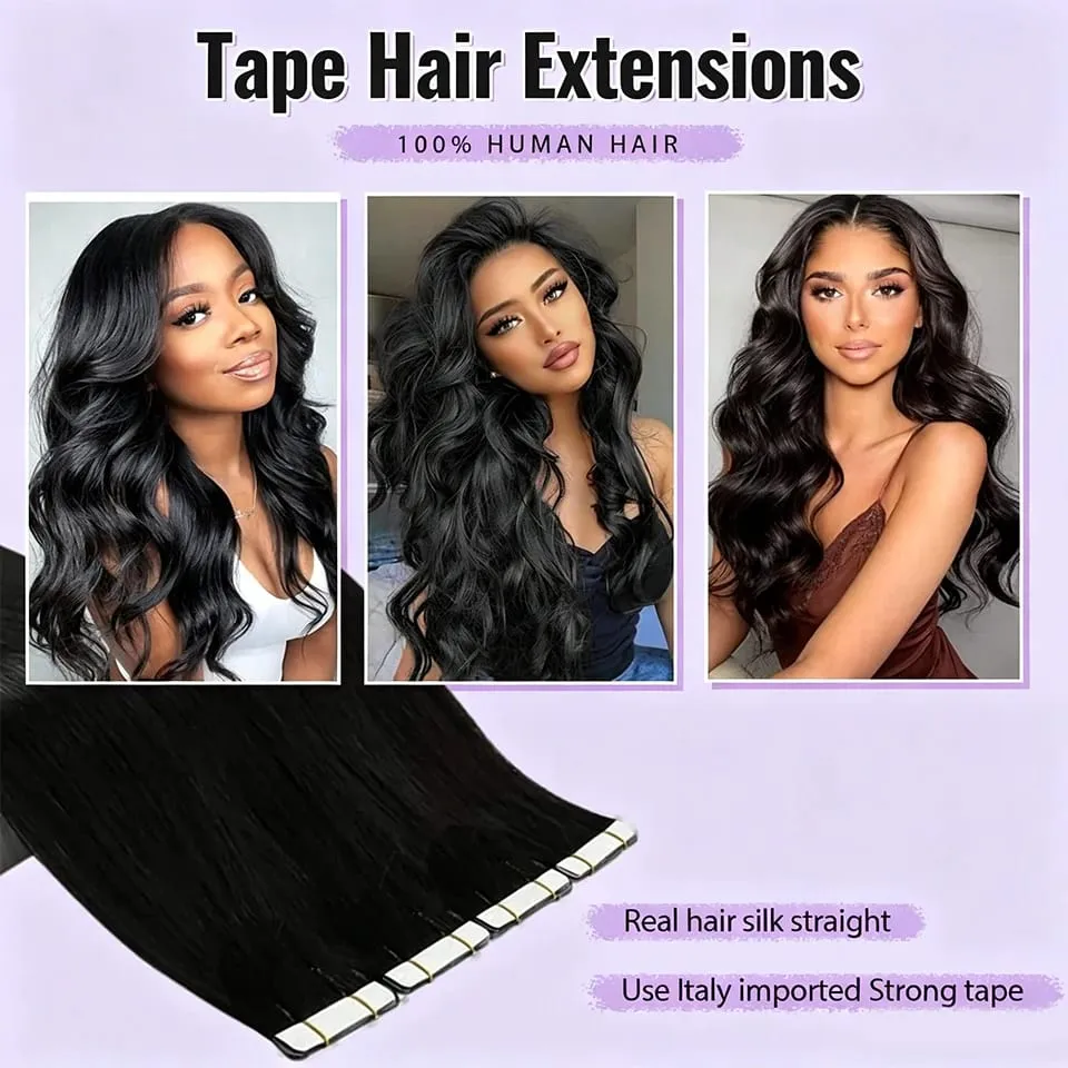 Tape in Hair Extensions Human Hair Body Wave Natural Black Reusable Double-Side Seamless Extension Human Hair 50G 20 PCS/pack