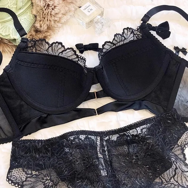 New Big Size Thin Cotton Lace Lingerie Set For Women Sexy Push Up Ladies Underwear Panties Hollow Out Female Intimates