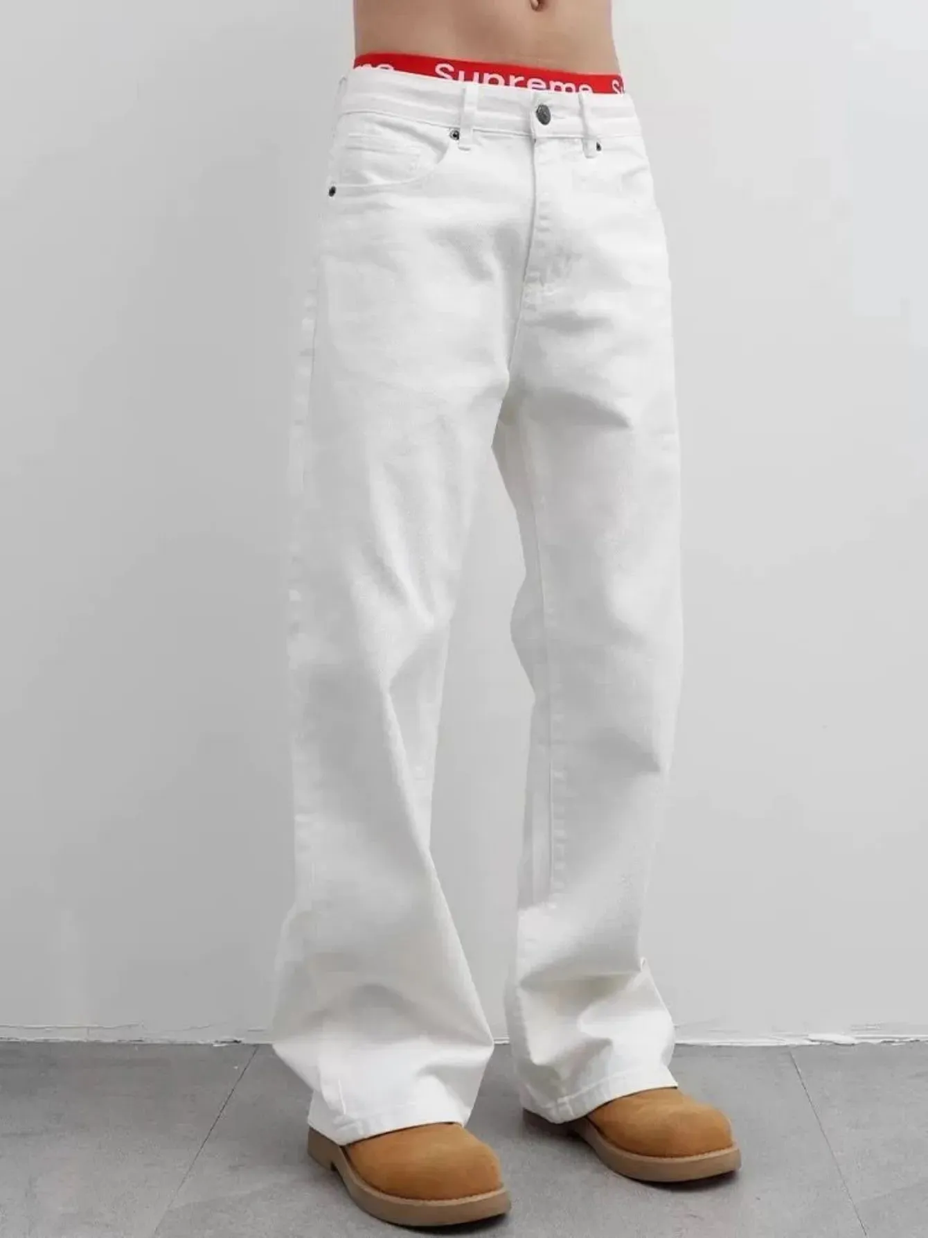 【HME】Men's Jeans | Street Fashion Denim Pants Solid White Flared‑Leg Denim Trousers With Fine Craft Stitching Versatile Casual Pants Well‑Built Denim Bottoms Trendy Male Denim Apparel For Multiple Daily Occasions