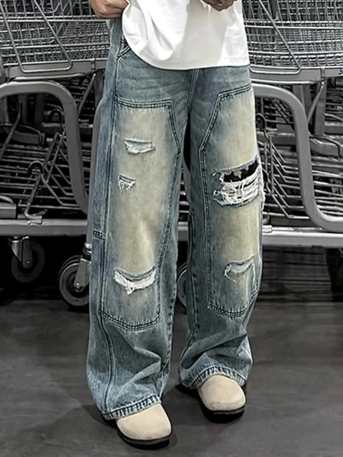 Jeans pour hommes Pantalons robustes lavés multi-poches Style charpentier Pantalon en denim droit et ample Coupe décontractée High Street