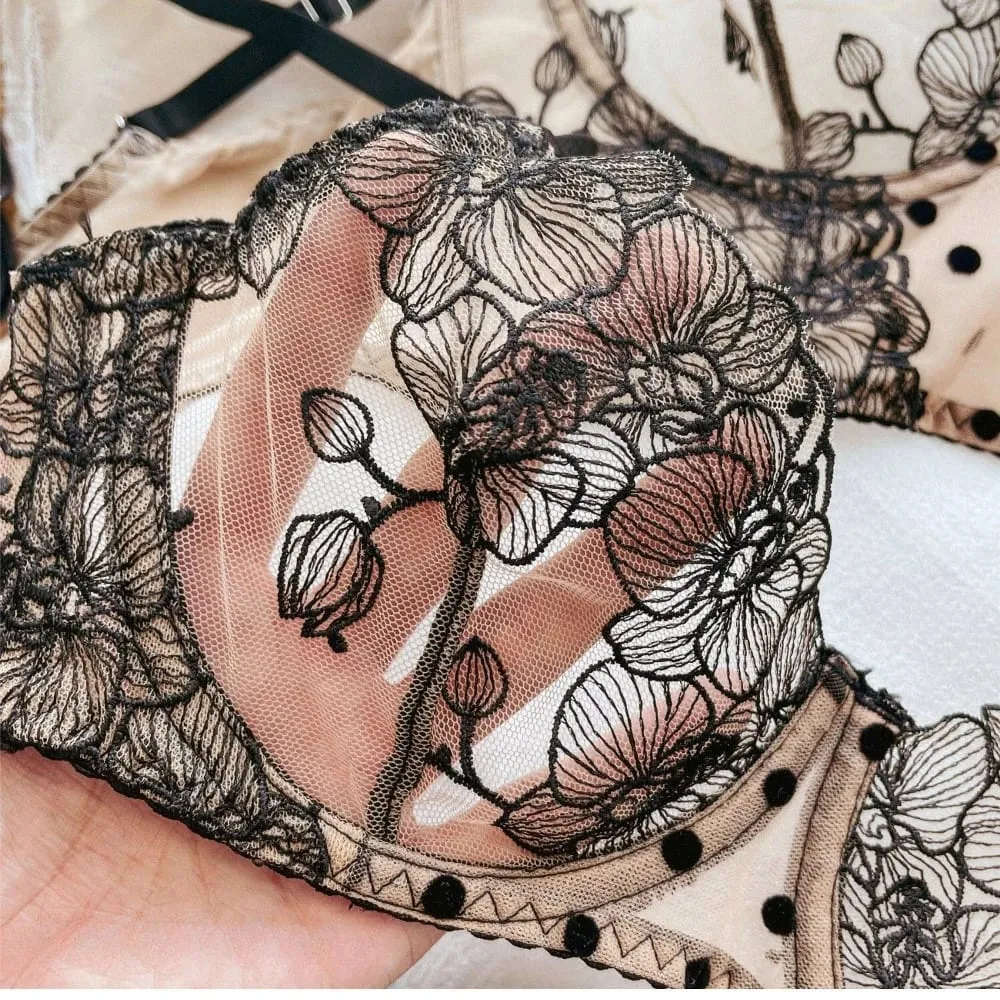 French Sexy Lace Flowers Embroidery Bra Set Summer Dot Women Ultra Thin Underwear Wide Version Breathable Lingerie Thong Sets
