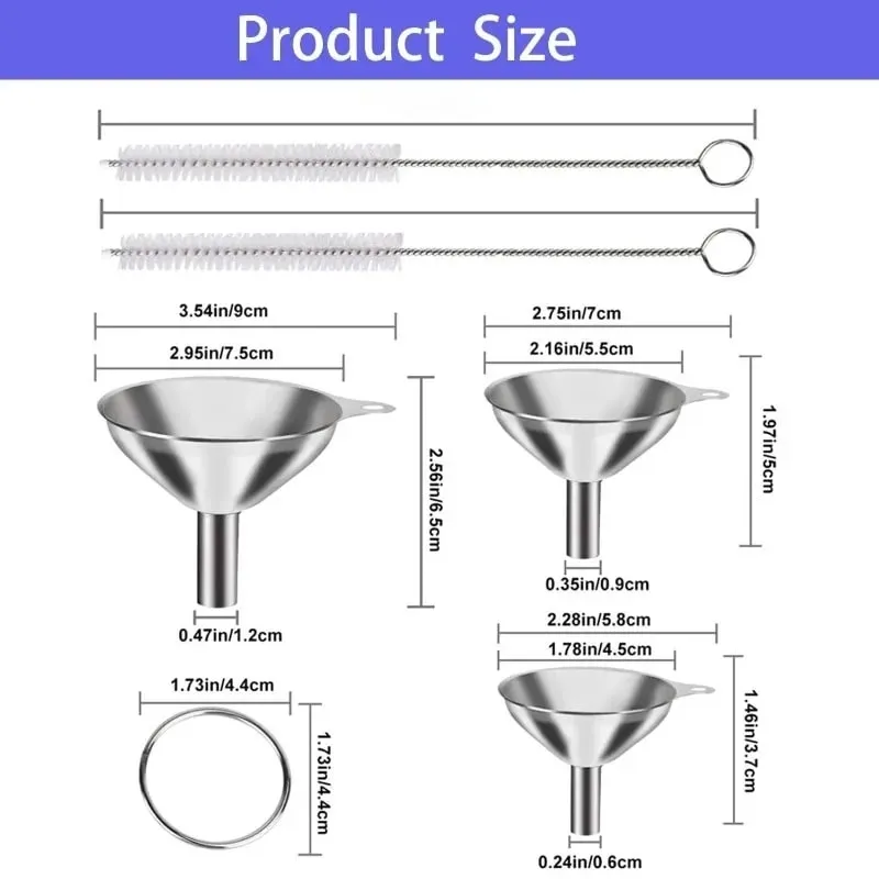 3PCS Stainless Steel Funnels Set Food Grade Metal Funnels with Cleaning Brush for Filling Bottles Kitchen Oil Liquid Filter Tool