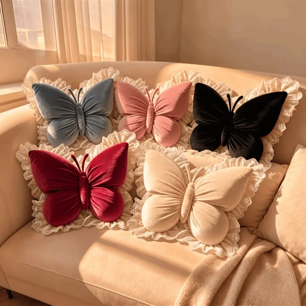 Decorative Cushion Velvet Butterfly Plush Pillow Lace Trim Plush Bow Plush Cushion Soft Cute Bow Throw Pillow Sofa