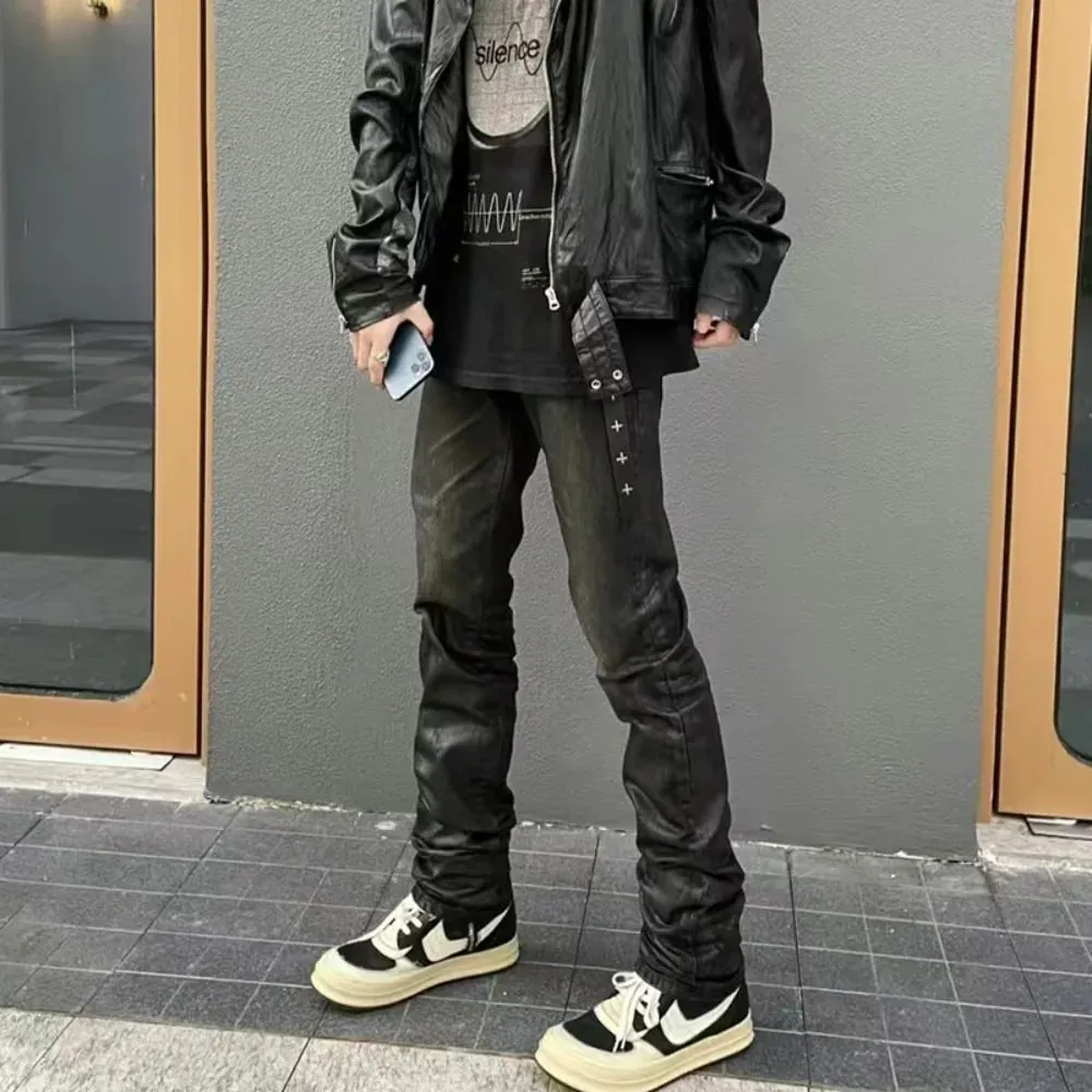 High Street Black Glue Wax Pants Women's Slim Fit Straight Leg Cat Whisker Jeans Streetwear Casual Denim Pants Men Clothing