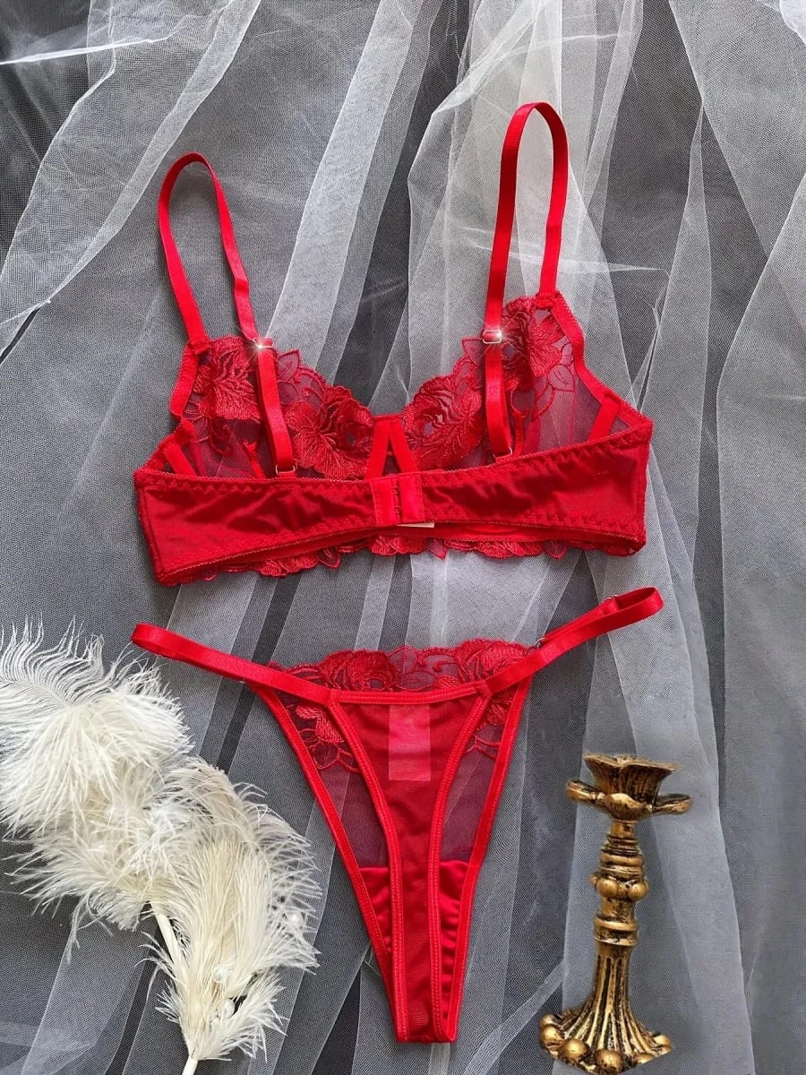 A1 Sexy Red Floral Embroidery Sheer Lace Lingerie Set S-XL Women See Through Mesh Bra Thong 2Pcs Romantic Valentine Intimates