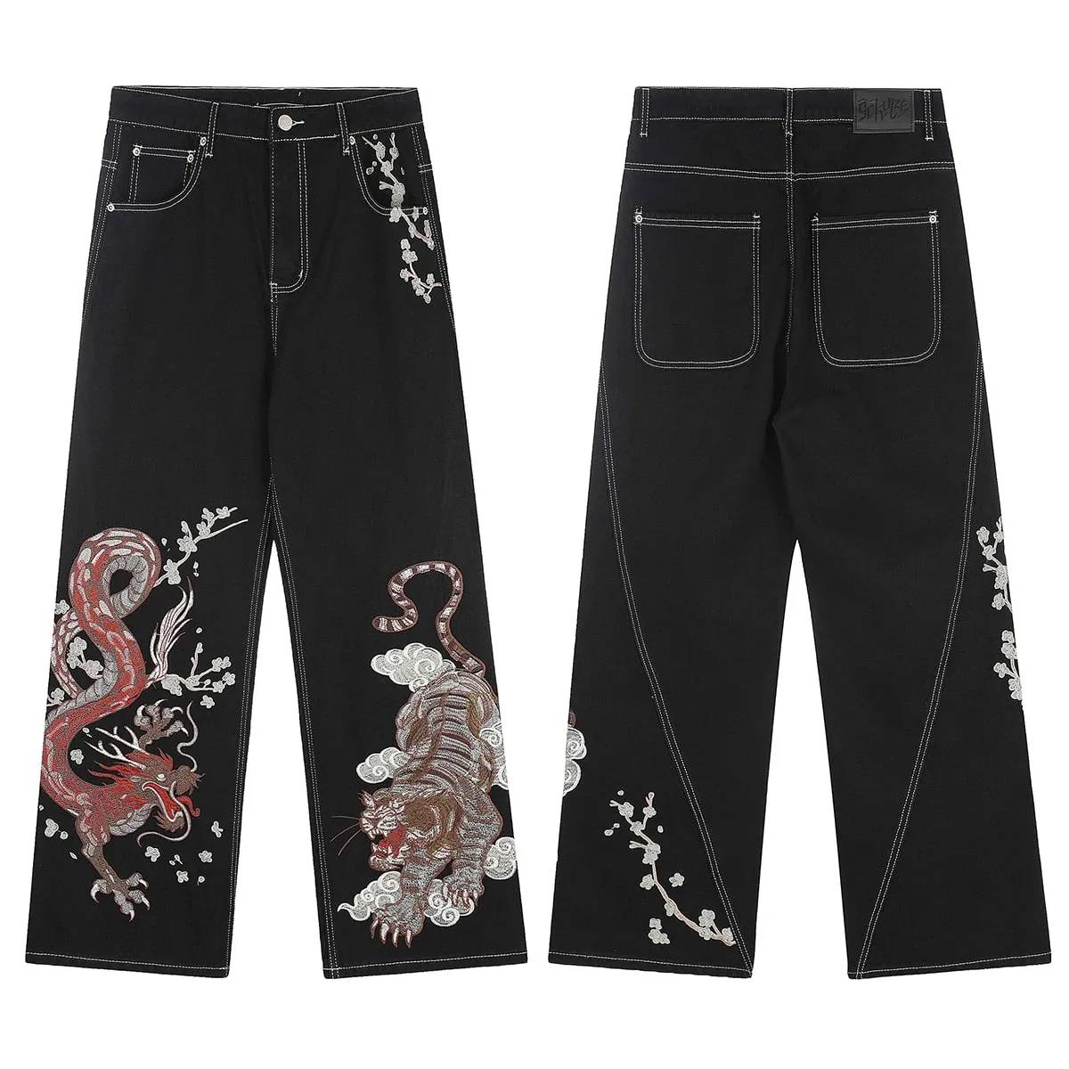 High Street Flower koi Fish Embroidery Baggy Jeans Pants for Men and Women Pantalones Hombre Straight Denim Trousers Oversized