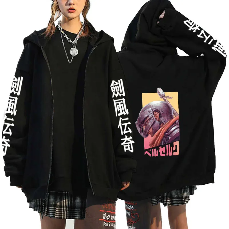 Berserk Zipper Hoodies Lalaki Babae Long Sleeve Sweatshirt Fleece Oversized Jackets Coats Nakakatuwang Berserk Japanese Anime Streetwear