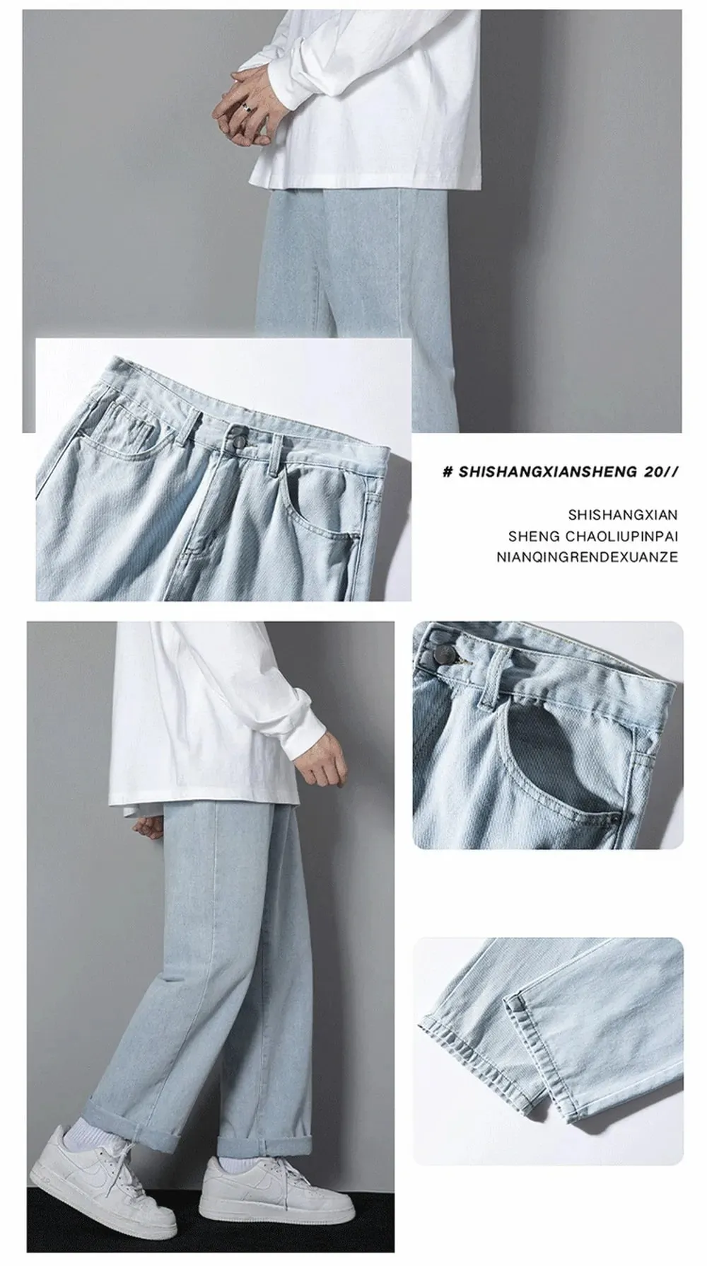 Jeans Panjang Kasual Pria Warna Solid Korea Celana Lebar Denim Lurus Empat Musim Pria Klasik Celana Lebar Biru Muda Abu-abu Hitam 3XL