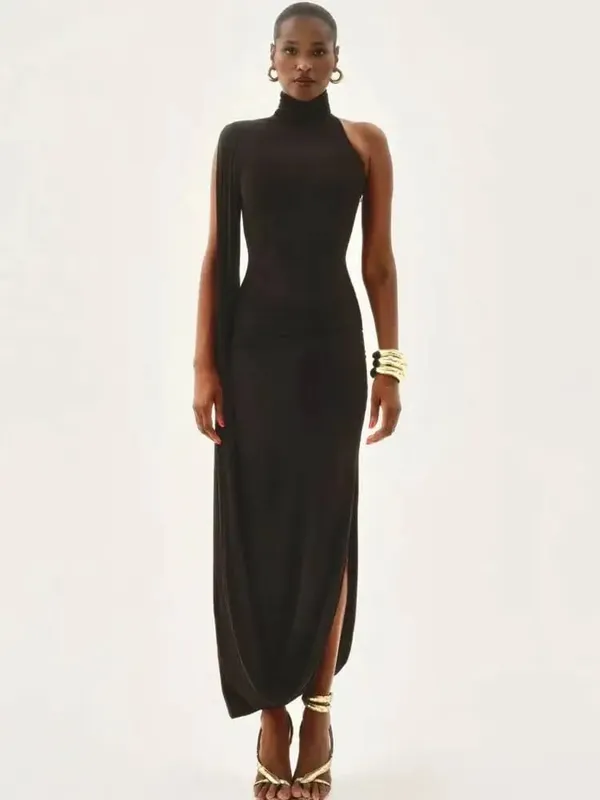 Blifanbo Split Turtleneck Sexy Maxi Dress Women Gown One-shoulder High Waist Bodycon Solid Fashion Club Party Long Dress Elegant