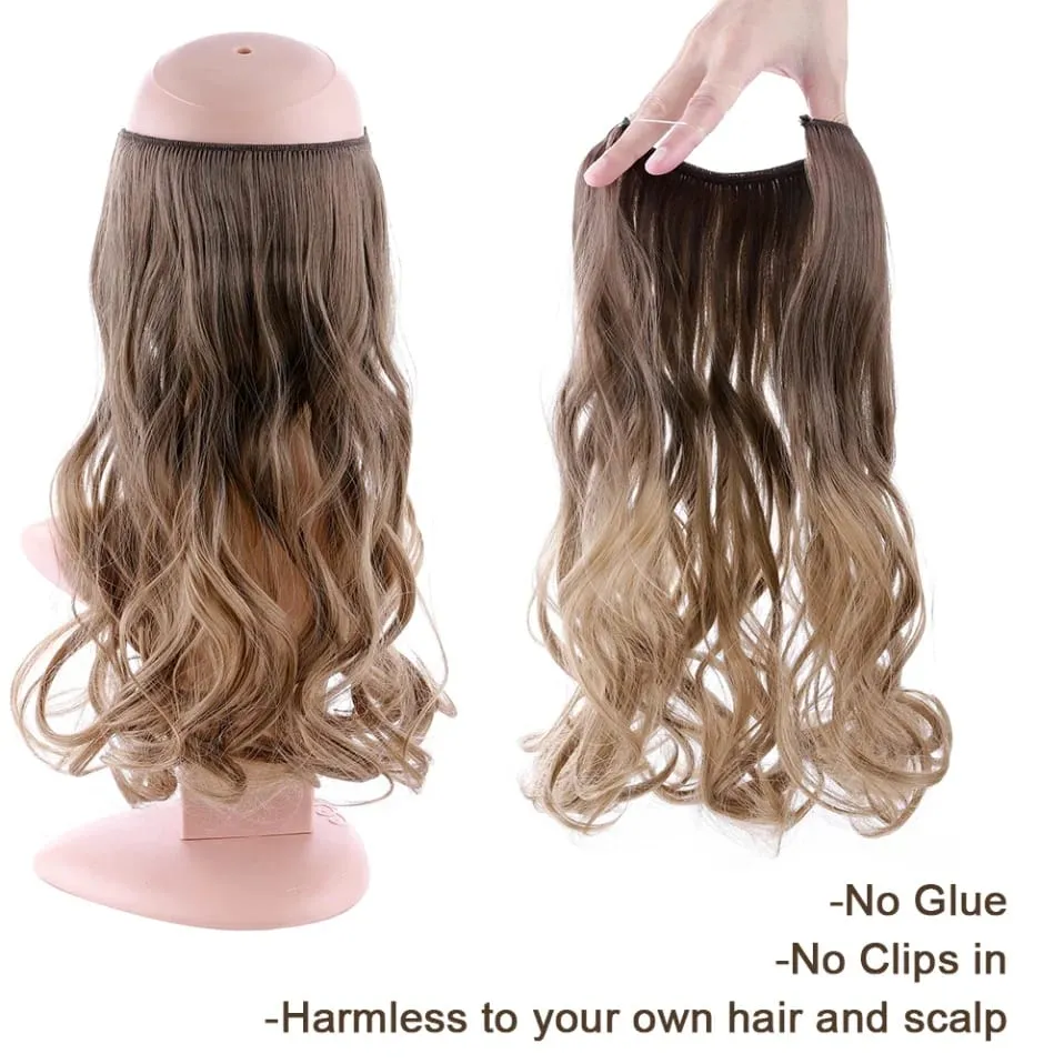 Synthetic Invisible Wire Hair Extensions Transparent Wire AdjustableLong Wavy Curly Secret Hairpiece 20 Inch for Women
