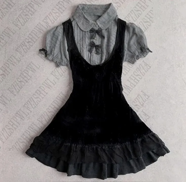 Bow Cute Harajuku Gothic Dress Y2K Women Clothing Aesthetic Subculture Punk Fashion Shirt dress Female Lace Chic Vintage Frock