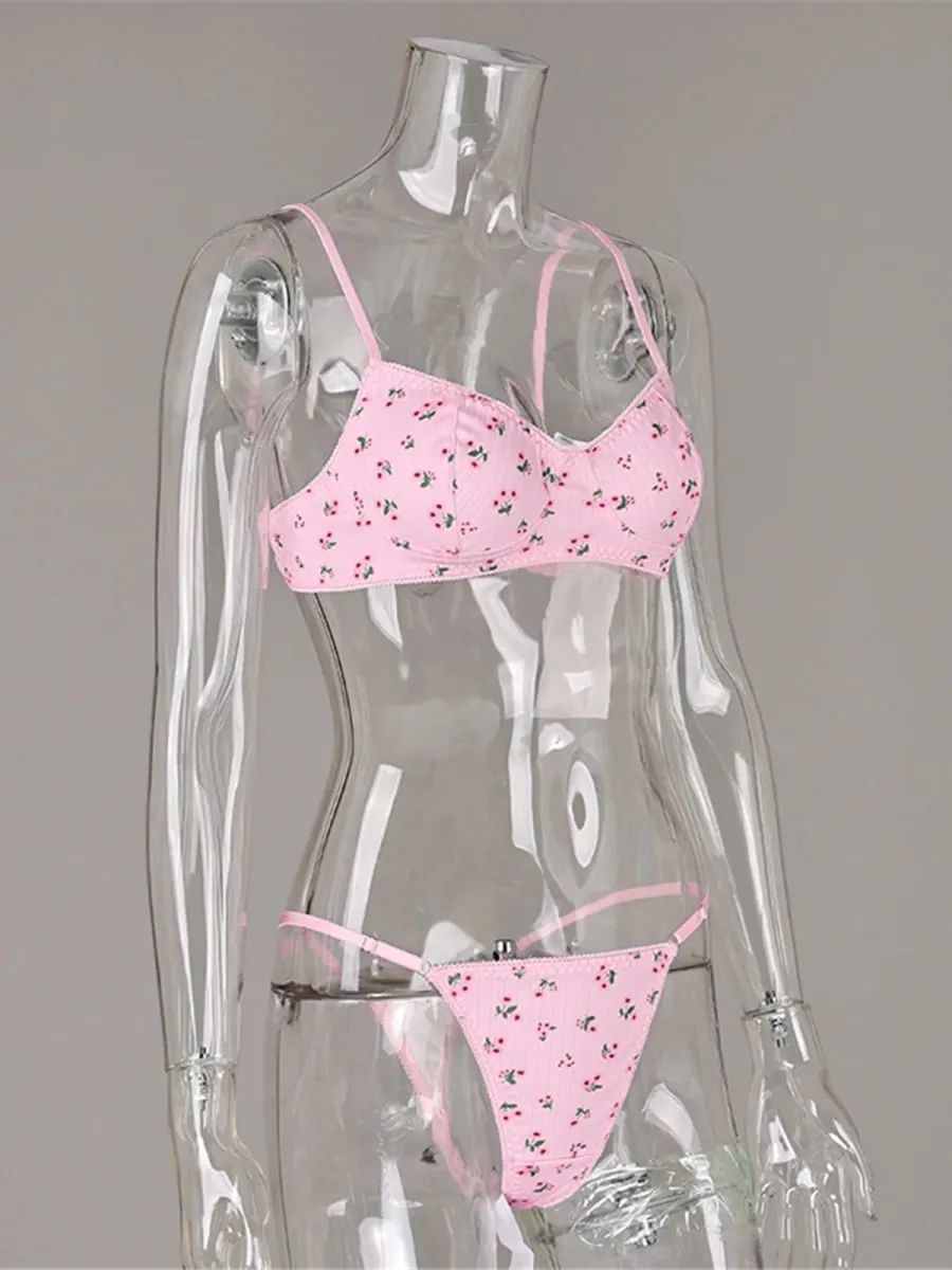 2026 Flower Printed Two Piece Bra Set Floral Sweet Summer Bra and Underwear Sets Women's Wire Free Bra Set Bra & Brief Sets M168
