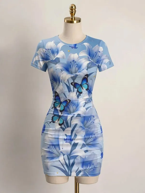 Womens Short Sleeve Bodycon Mini Dress Slim Fit Crew Neck Floral Print Casual Summer Party Cute Elegant Travel Vacation Sundress