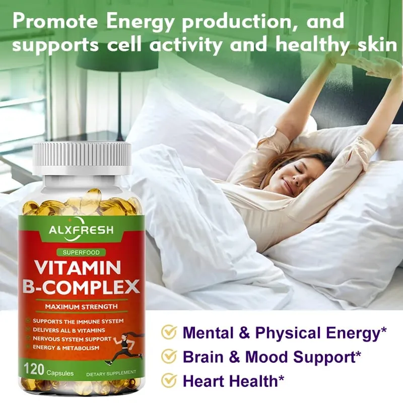 B-kompleks vitamintilskud (B12 B1 B2 B3 B5 B6 B9 folinsyre & biotin) til at lindre stress humør Immunsystemstøttekapsel