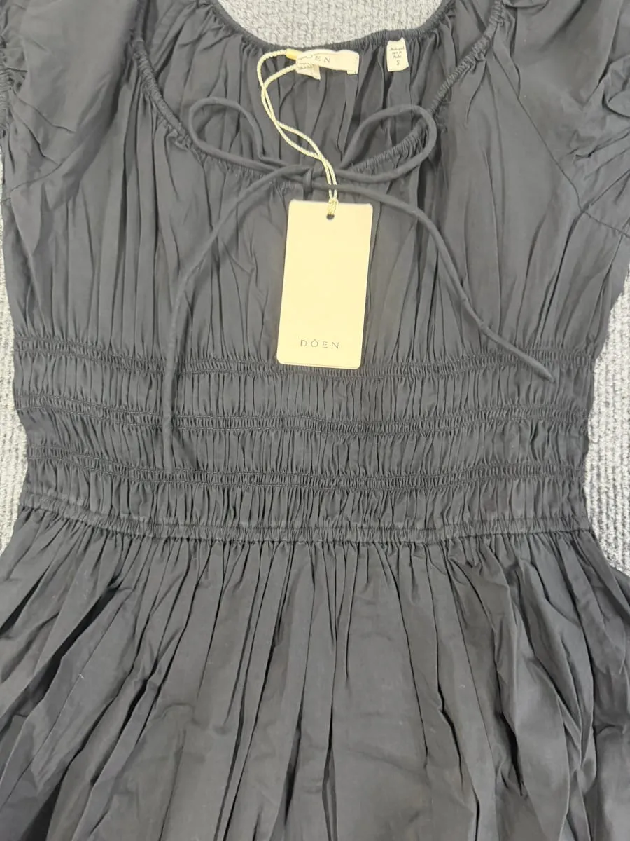 Quinn Style Women Pleated Midi Dress Elegant Puff Sleeve Smocked Waist Organic Cotton Poplin Casual Flare A-Line Dress
