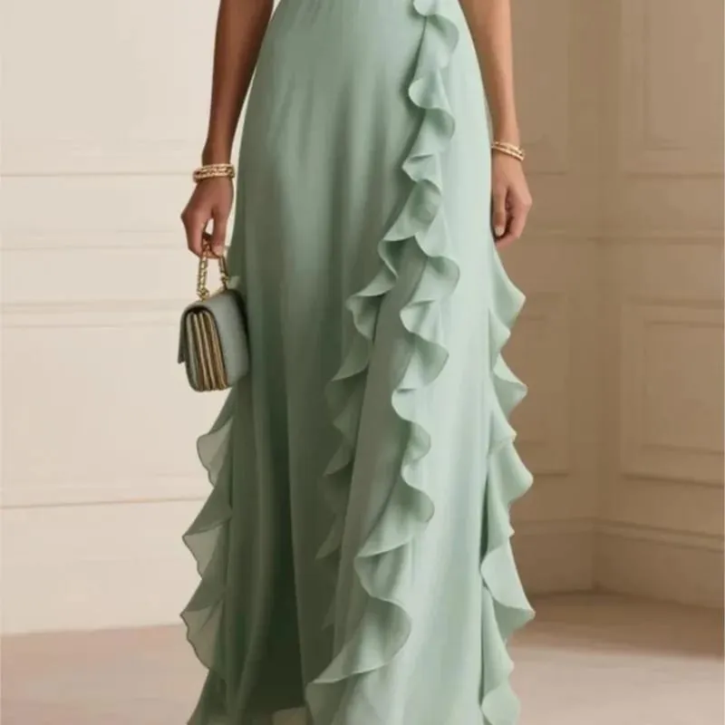 Damen Elegant Einfarbig Rüschen Ärmellos Sexy V-Ausschnitt Langes Kleid Modische Bohemian Damen Party Abend Maxikleider
