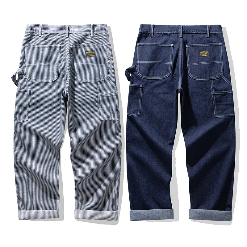 Jeans American Vintage Raw Denim Rail Worker – Calça de trabalho listrada com vários bolsos americana/calça utilitária para atividades ao ar livre OKONKWO — image 2