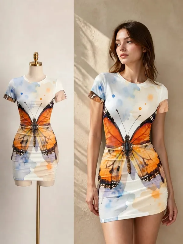 Womens Short Sleeve Bodycon Mini Dress Slim Fit Crew Neck Floral Print Casual Summer Party Cute Smooth Holiday Vacation Sundress