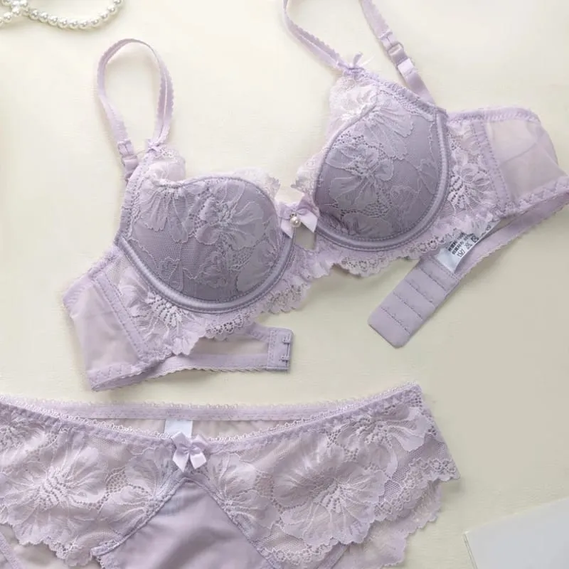 French Thin Cup Women Underwear Set Sexy Lace Flowers Embroidery Bra Summer Violet Comfort Push Up Bra and Panties Lingerie Sets
