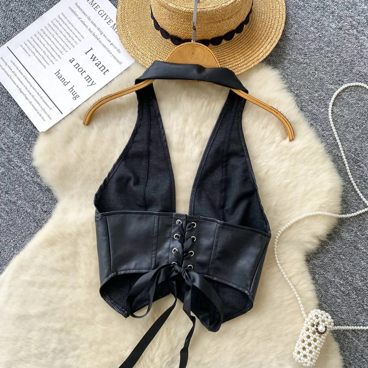 Halter PU Leather Vintage Top Women Deep V Neck Sleeveless Short Camisole Fashion Backless Lingerie Sexy Club Tank Top — image 8