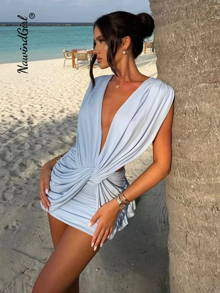 Sexy Beach Dress Women Twisted Deep V-neck Sleeveless Pleated Hip Package Short Dresses 2025 Spring Summer Vacation Robes Lady