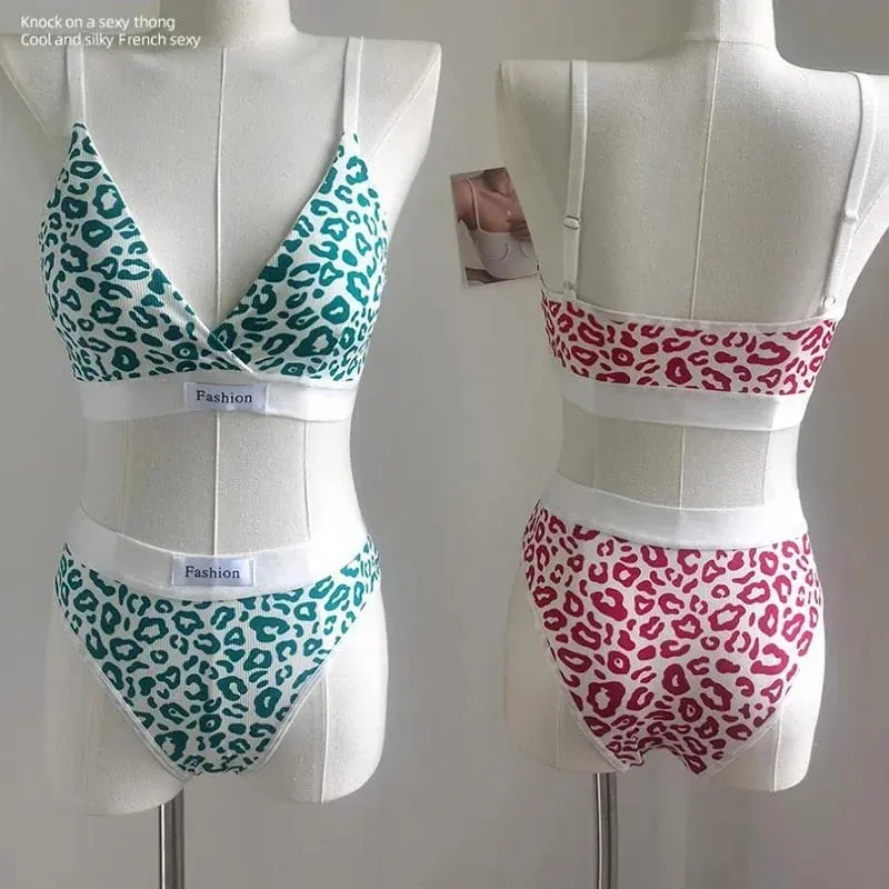 Women Seamless Bra Set Sexy Lingerie Low Waist Panties Leopard Bralette Set Vneck Sport Brassiere Female Cotton Underwear Set