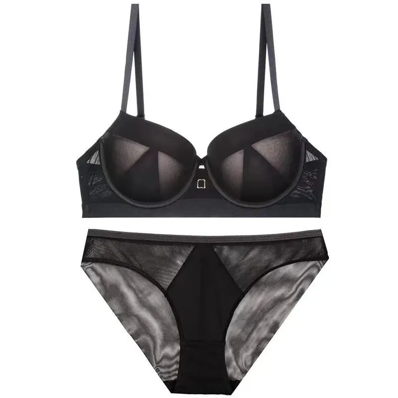 high quality sexy mesh women bras and brief two piece set push up B C D cup wire summer lingerie underwear black blue