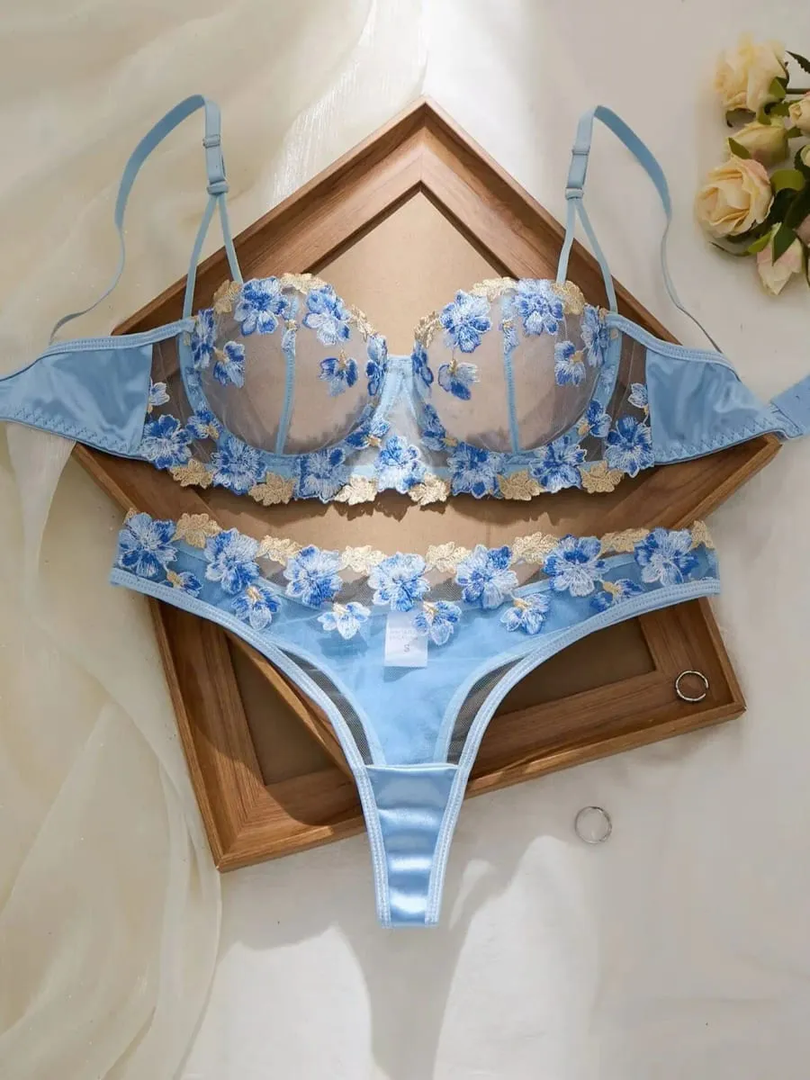 Romantic Fairy Floral Embroidery Lingerie Set Sheer Mesh Longline Bra Panty Set Women Sexy See‑Through Mesh Intimate Sleepwear