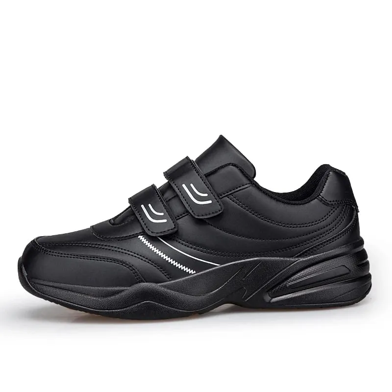Men's Adjustable Hook And Loop Leather Sneakers Pure Black Casual Sports Shoes Big Size 47 48 Elderly Walking Shoes