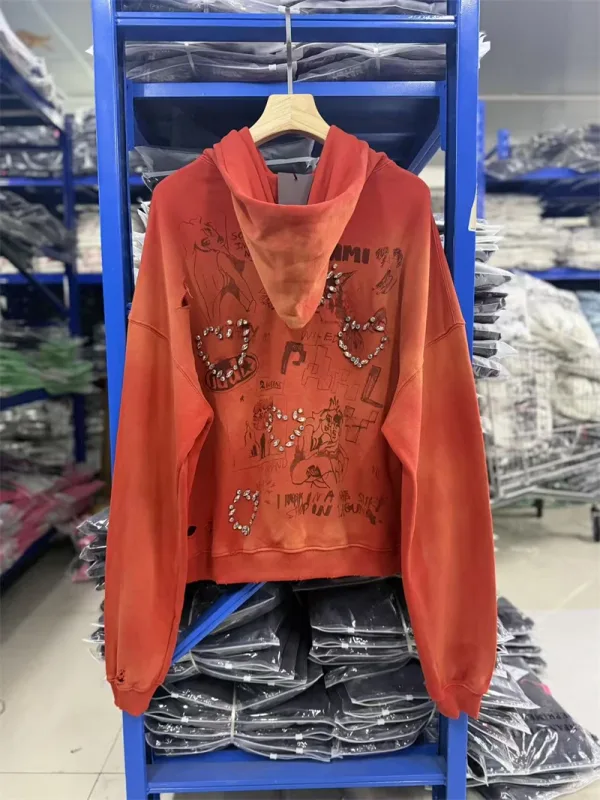 Autumn Winter New PH Hand-beading Print Vintage Washed High Street Casual Loose Cotton Versatile Hoodie Trendy Sports Top Men
