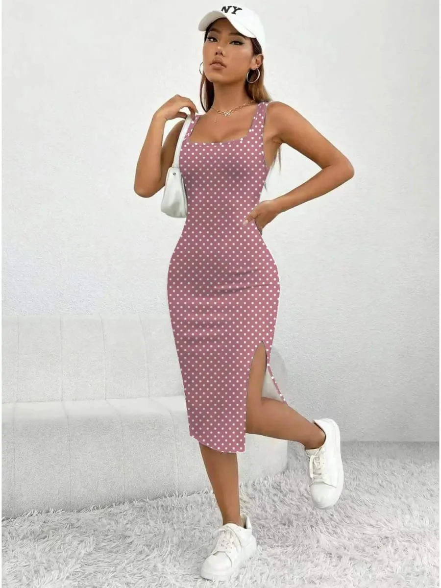 Women's Casual Elegant Thick Strap Square Neck Sleeveless Polka Dot Printed Slit Dress Mid-Length Skirt