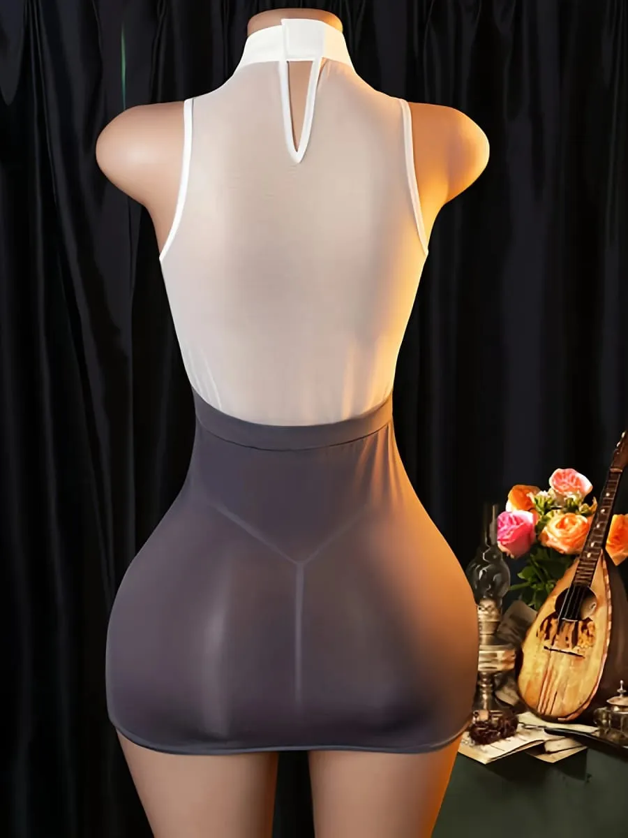 Women Lace Lingerie Dress Set Halter Neck Floral Mesh Bodycon Mini Dress with Panties Elegant Secretary Role Play Costume
