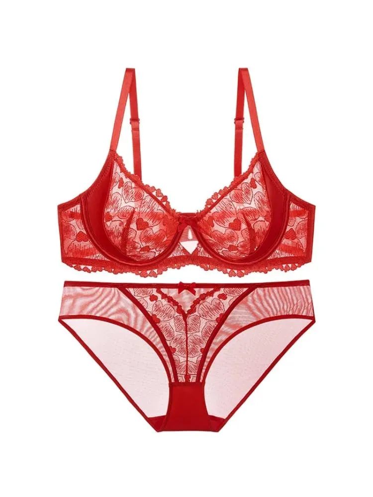 Red Party Lingerie Set for Women Ultra-Thin Minimizer Bra Large Bust D-Cup Look Smaller Plus Size Curvy Sexy Lace Underwear XXXL