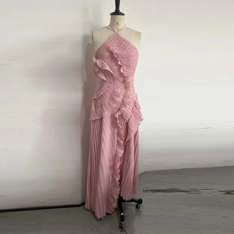 優雅頸帶荷葉邊晚禮服純色褶皺繫帶露背性感派對禮服 2025 新款派對度假 Y2K 長袍 — image 5