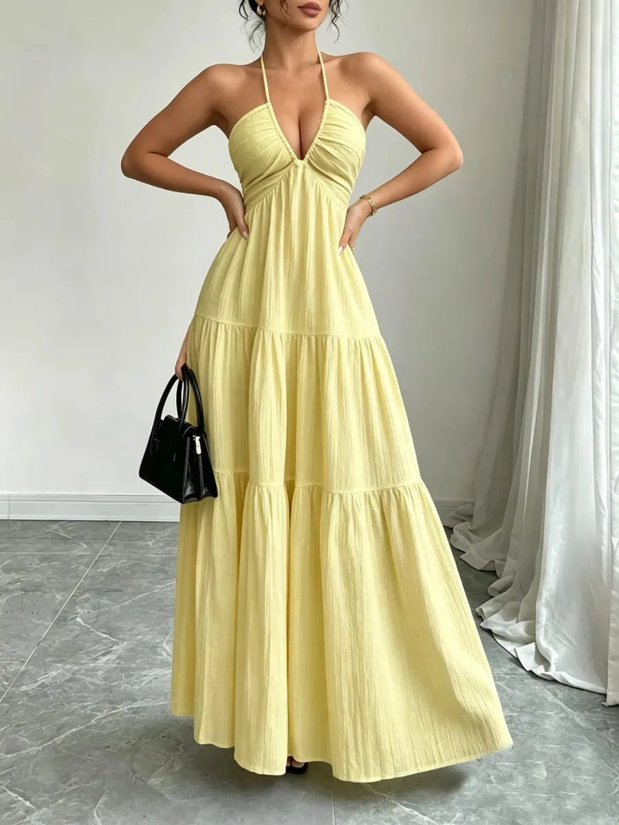 Women Halter Maxi Dress Neck Tiered Gathered Bust Textured Empire Waist Dresses Casual Boho Summer Date Vacation Beach Dress