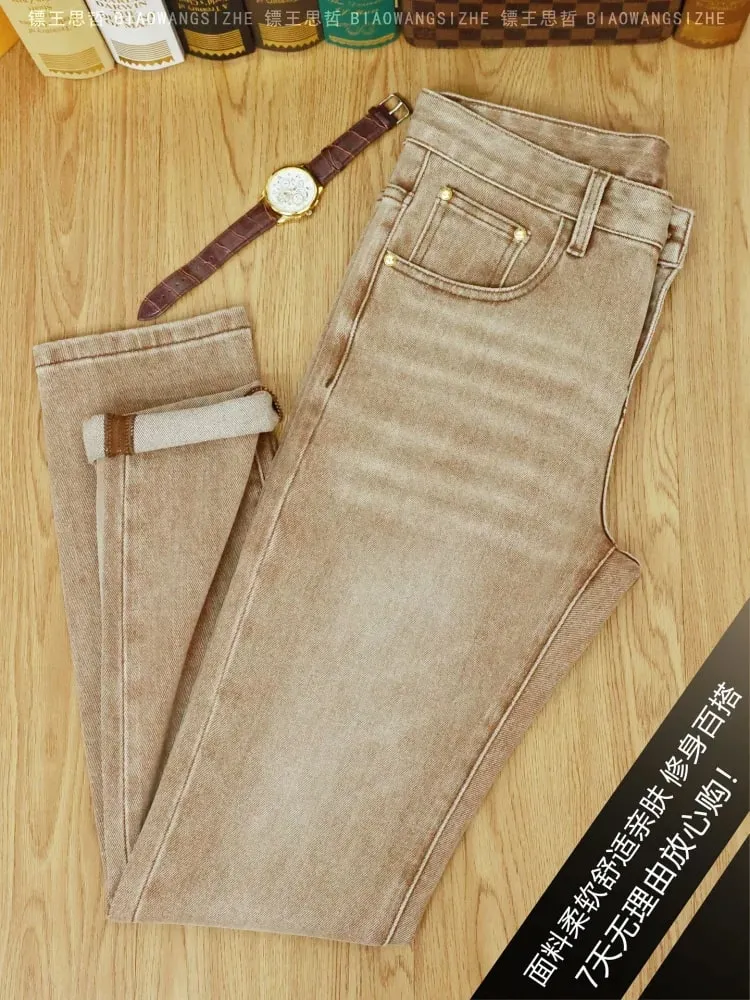 Khaki jeans men in autumn and winter of 2025 high-end light luxury men's clothing elastic small leg pants