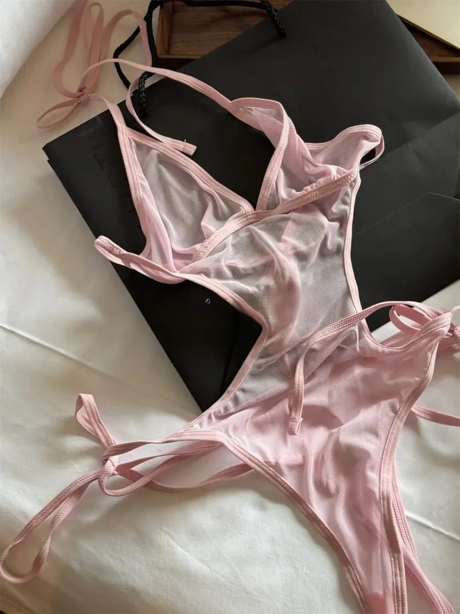 Sexy one-piece halter lingerie hanging neck pink breathable thin bodysuit women bra large size underwear