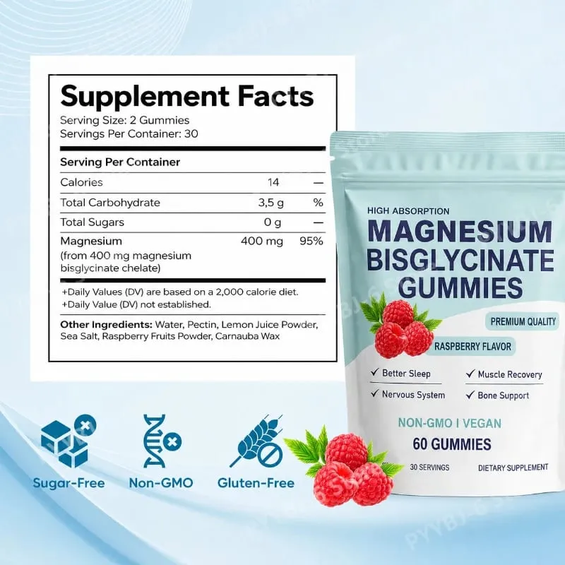 Magnesium Bisglycinate Gummies Chelated Magnesium Daily Mineral Support Vegan Raspberry Flavor Non-GMO Gluten Free 60 Count