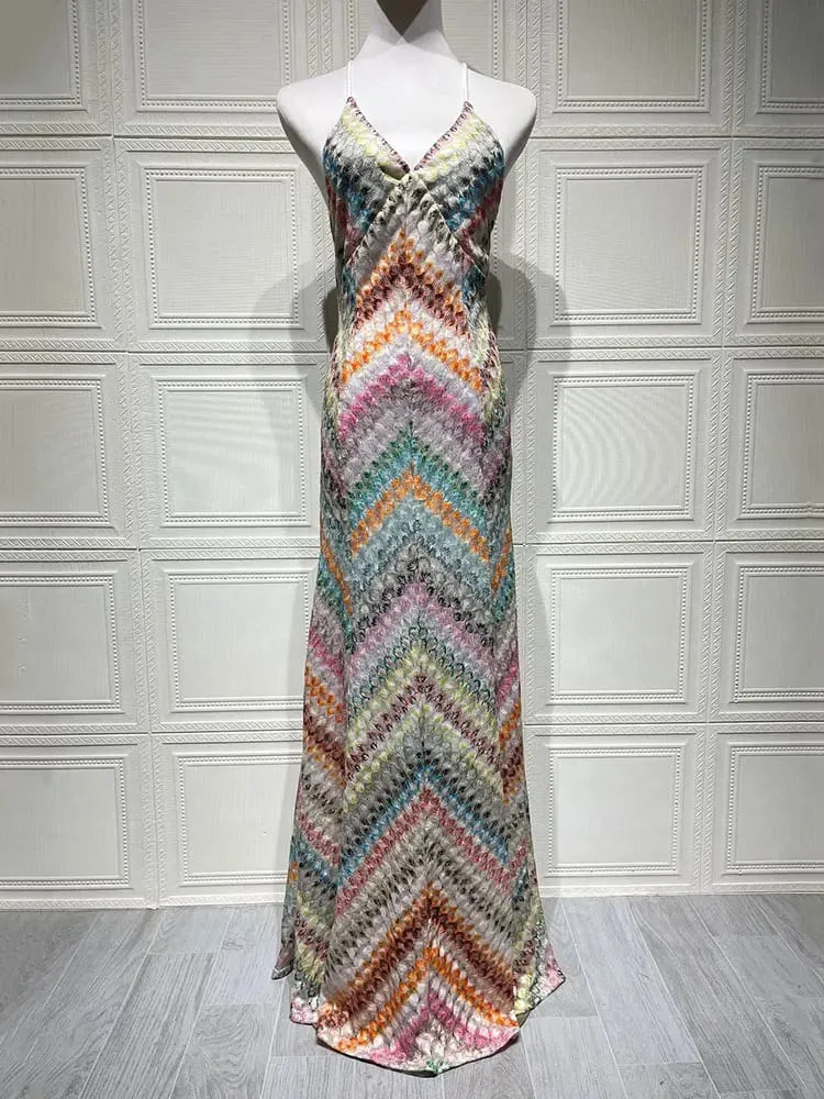 Seksi Baskı V Yaka Halter Maxi Elbise Kadın Yeni Yaz Moda Kolsuz Backless İnce Kulübü Parti Uzun Elbise