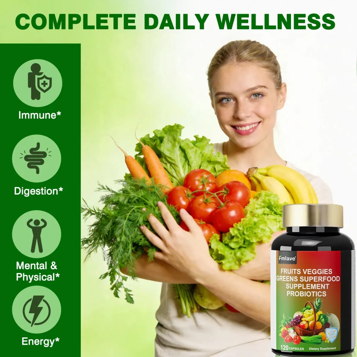 Fmlave Fruits and Veggies Supplement Reds & Green Superfood - Balance of Over 70 Fruit & Vegetable Supplements Capsules with Probiotics Prebiotics Digestive --120Caplules — image 5