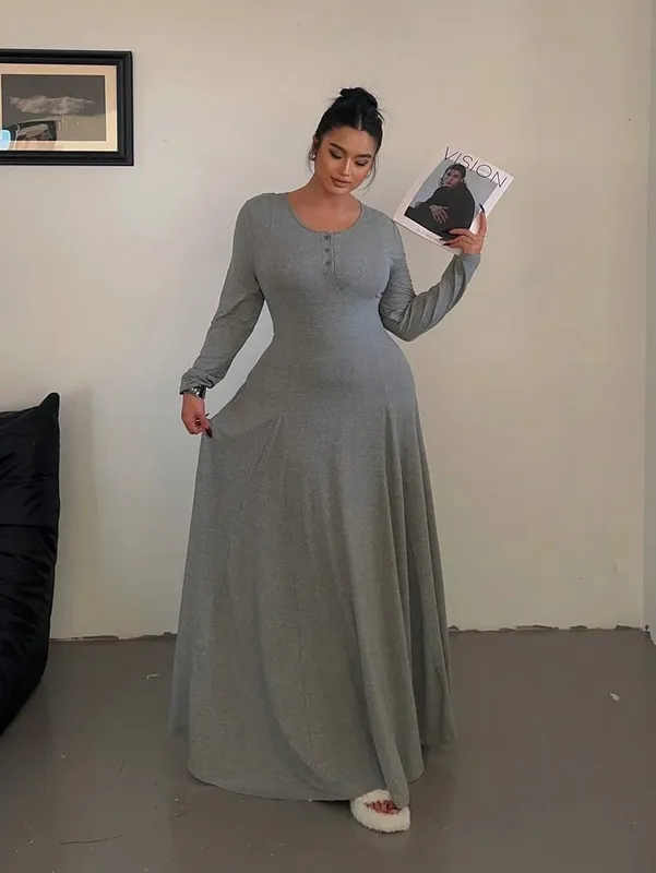 Nagyméretű egyszínű kötött elegáns A-vonalú Flowy maxi ruha | Női hosszú ruha | Alkalmi és ingázó stílus