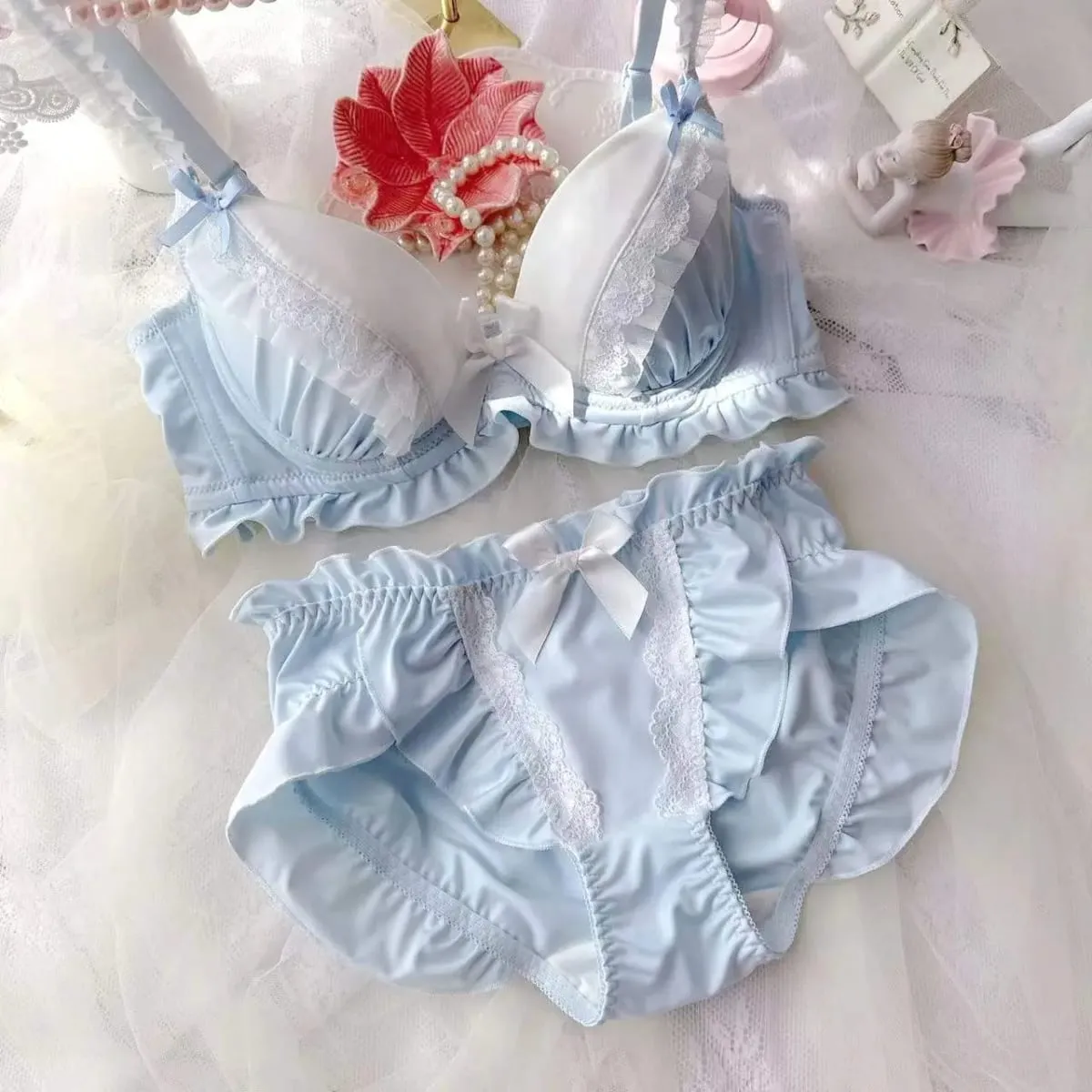 Soutien-gorge brodé push up pour femmes, bonnets fins, style collégial, pour étudiantes, filles, mignon, rassemblé, sous-vêtements sexy, ensemble de soutien-gorge