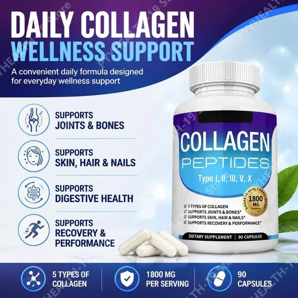 Collagen Peptides Capsules with 5 Types of Collagen for Joints Bones Skin Hair & Nails Wellness Support Adults 90 Capsules